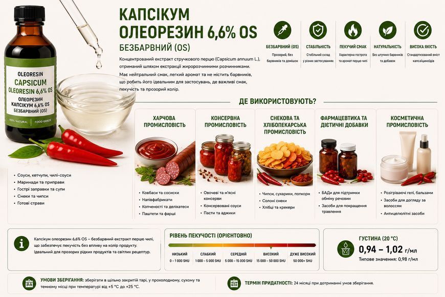 Олеорезин "Капсікум безбарв 6,6% VS" &mdash; натуральний екстракт (концентрат) для надання смаку, аромату та кольору харчовим продуктам. OLI 1018 фото