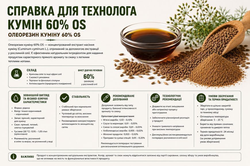 Олеорезин "Кумін 60% OS" &mdash; натуральний екстракт (концентрат) для надання смаку, аромату та кольору харчовим продуктам. OLI 0000 фото