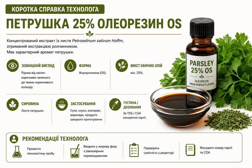Олеорезин "Зелені петрушки 25% OS" &mdash; натуральний екстракт (концентрат) для надання смаку, аромату та кольору харчовим продуктам. OLI 0000 фото